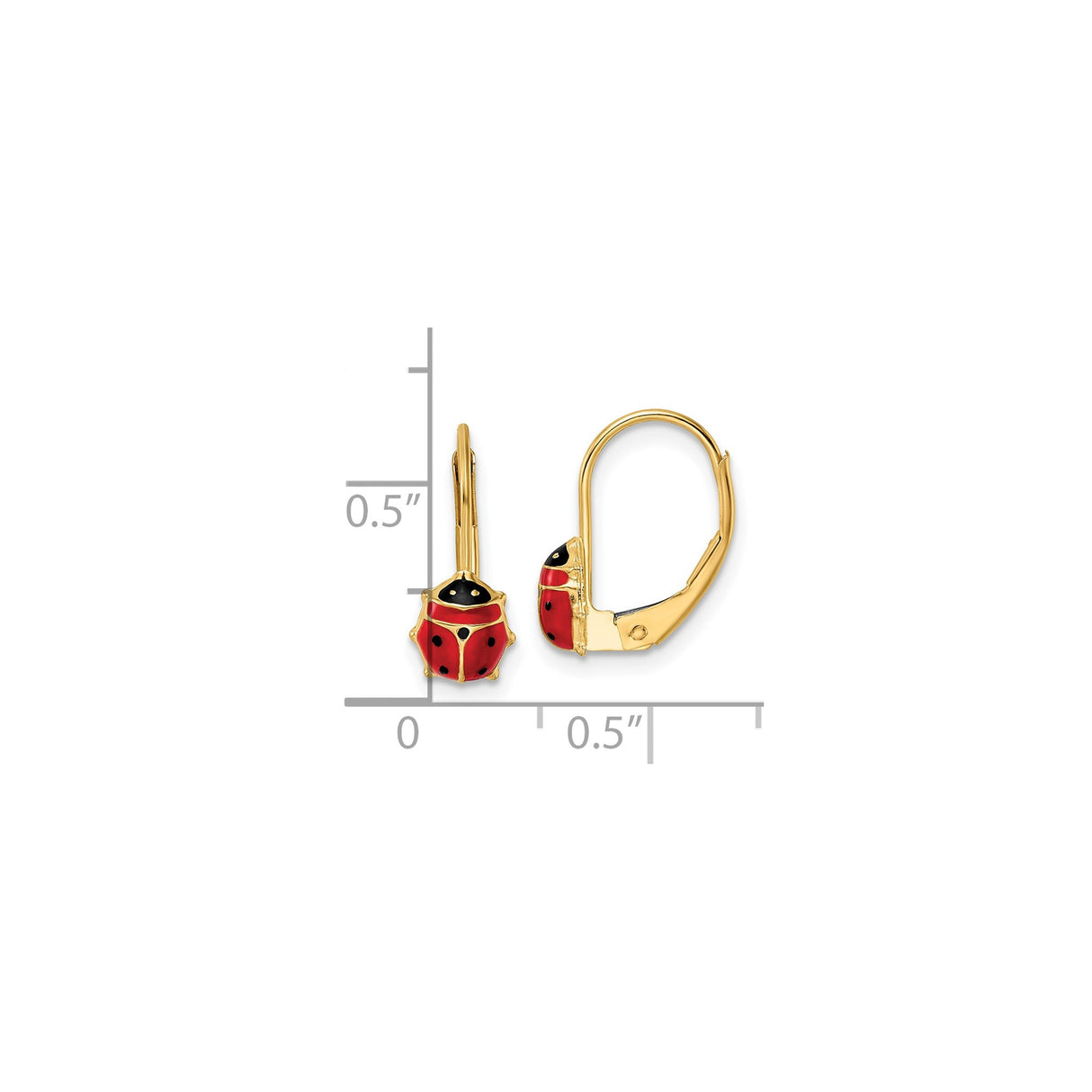 14k Yellow Gold Ladybug Leverback Earrings with Red and Black Enamel, Cute Bug Design for Girls