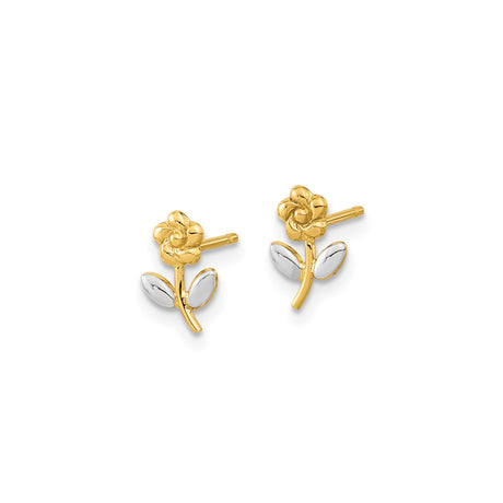 14k Yellow Gold Dual-Tone Flower Stud Earrings with Rose and Leaf Design