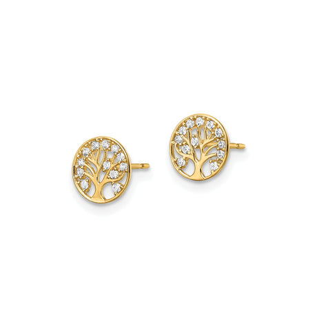 14K Yellow Gold Round Tree Of Life Stud Earrings With CZ