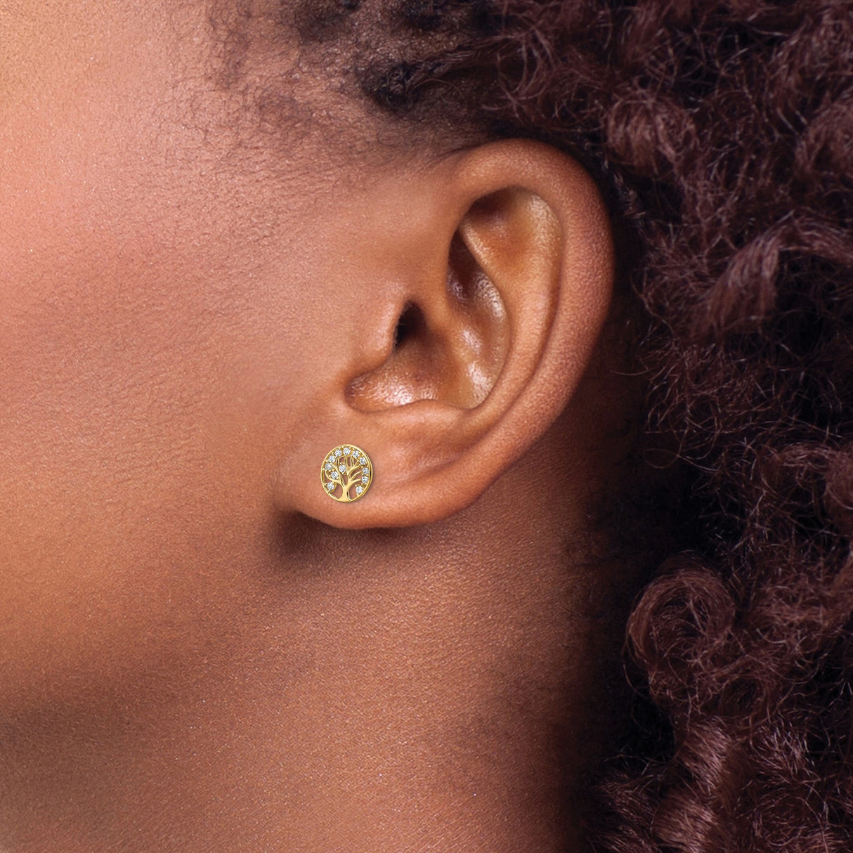 14K Yellow Gold Round Tree Of Life Stud Earrings With CZ