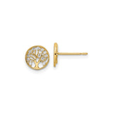 14k Yellow Gold Stud Earrings for Women with Round Tree of Life Design, Clear Gemstone Accents, Spiritual Nature-Inspired Symbolic Jewelry, Dainty Everyday CZ Minimalist Harmony Connection Studs