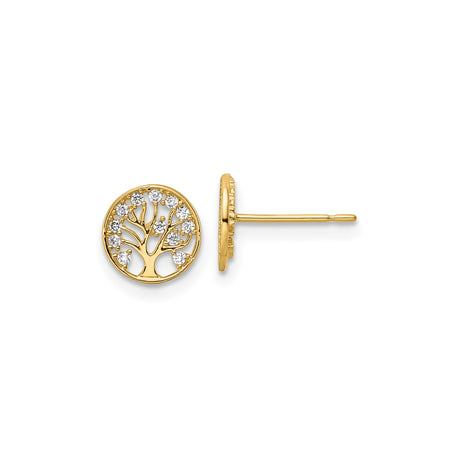 14k Yellow Gold Stud Earrings for Women with Round Tree of Life Design, Clear Gemstone Accents, Spiritual Nature-Inspired Symbolic Jewelry, Dainty Everyday CZ Minimalist Harmony Connection Studs