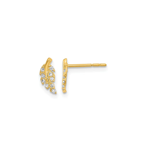 14k Yellow Gold Leaf Stud Earrings with Cubic Zirconia, Nature Inspired Botanical Design