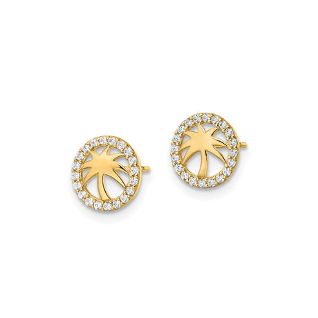 14k Yellow Gold Palm Tree Stud Earrings with Cubic Zirconia, Tropical Beach Style for Women