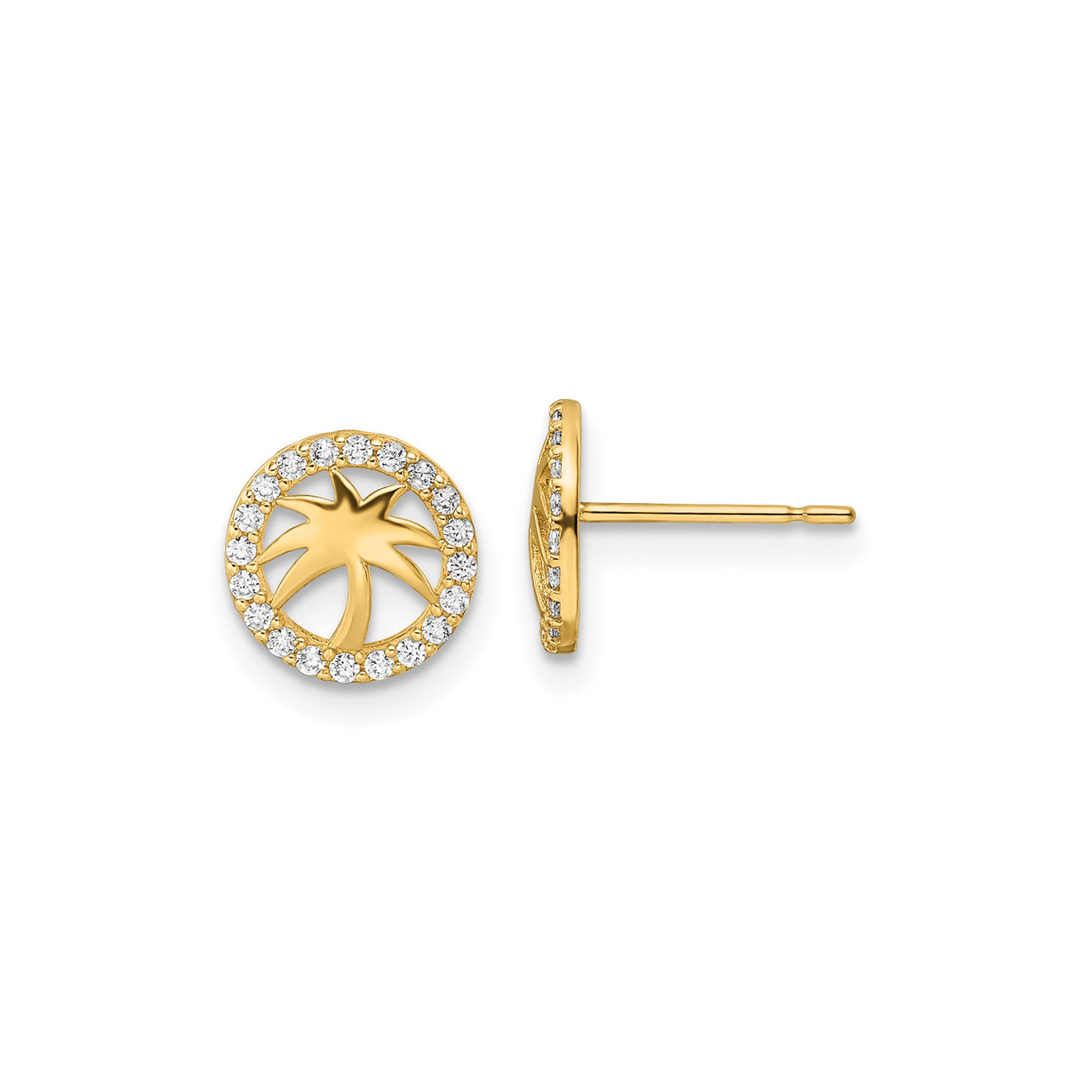 14k Yellow Gold Palm Tree Stud Earrings with Cubic Zirconia, Tropical Beach Style for Women