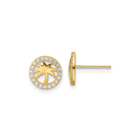 14k Yellow Gold Palm Tree Stud Earrings with Cubic Zirconia, Tropical Beach Style for Women