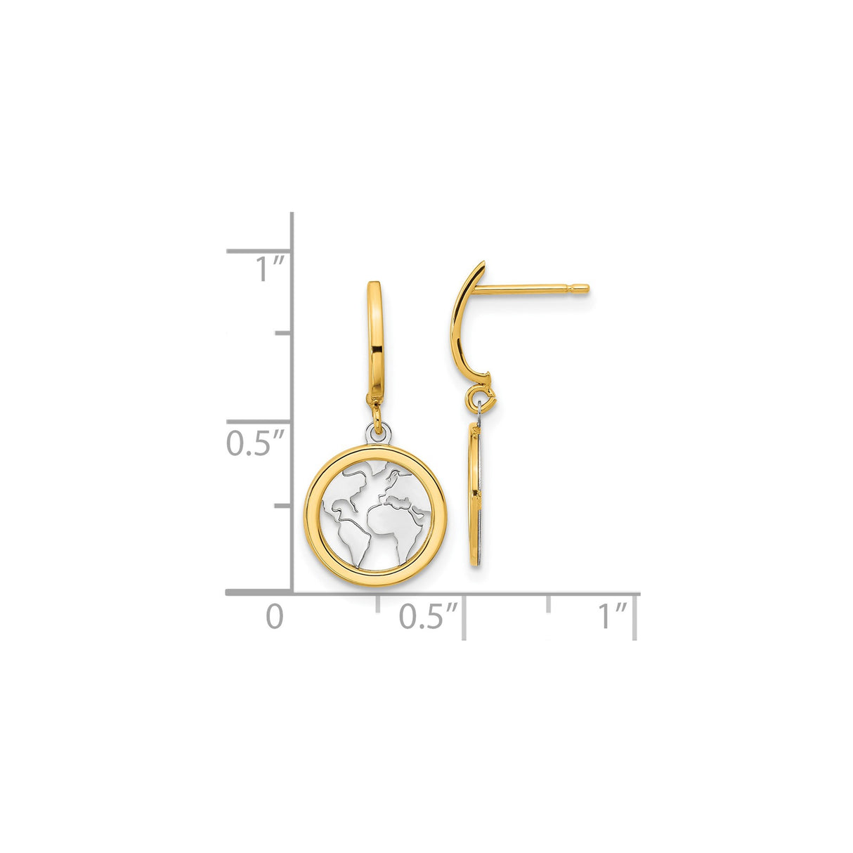 14k Yellow Gold Dangle Earrings, Polished World Map Two-Tone Globe Design for Women