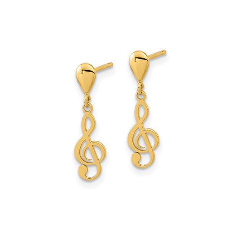 14k Yellow Gold Dangle Earrings with Treble Clef Music Note Charms for Women
