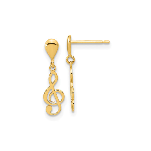 14k Yellow Gold Dangle Earrings with Treble Clef Music Note Charms for Women