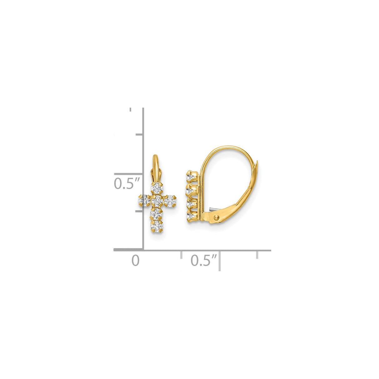 14k Yellow Gold Cross Earrings with Cubic Zirconia, Christian Dangle Design, Leverback Closure