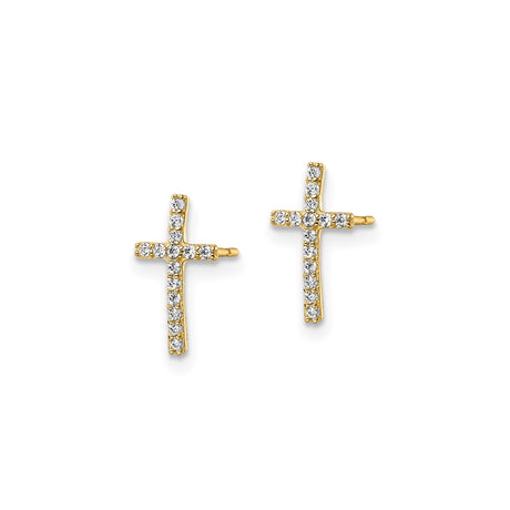 14k Yellow Gold Cross Stud Earrings with Cubic Zirconia, Christian Minimalist Style for Women