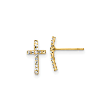 14k Yellow Gold Cross Stud Earrings with Cubic Zirconia, Christian Minimalist Style for Women