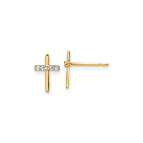 14k Yellow Gold Cross Stud Earrings with Cubic Zirconia Accents, Dainty Christian Jewelry