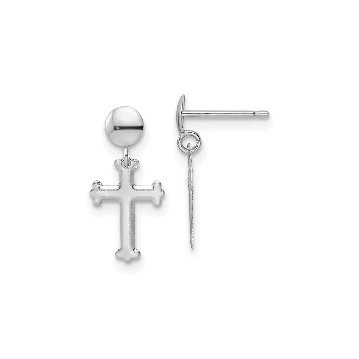 14k White Gold Cross Dangle Earrings, Budded Cross Design, Christian Drop Style Jewelry for Women