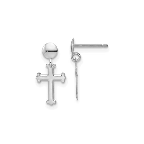14k White Gold Cross Dangle Earrings, Budded Cross Design, Christian Drop Style Jewelry for Women