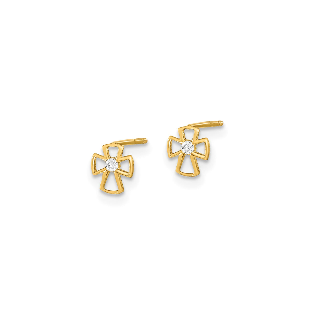 14k Yellow Gold Earrings Set, Cross with Cubic Zirconia, Bezel Studs, Polished Ball Studs