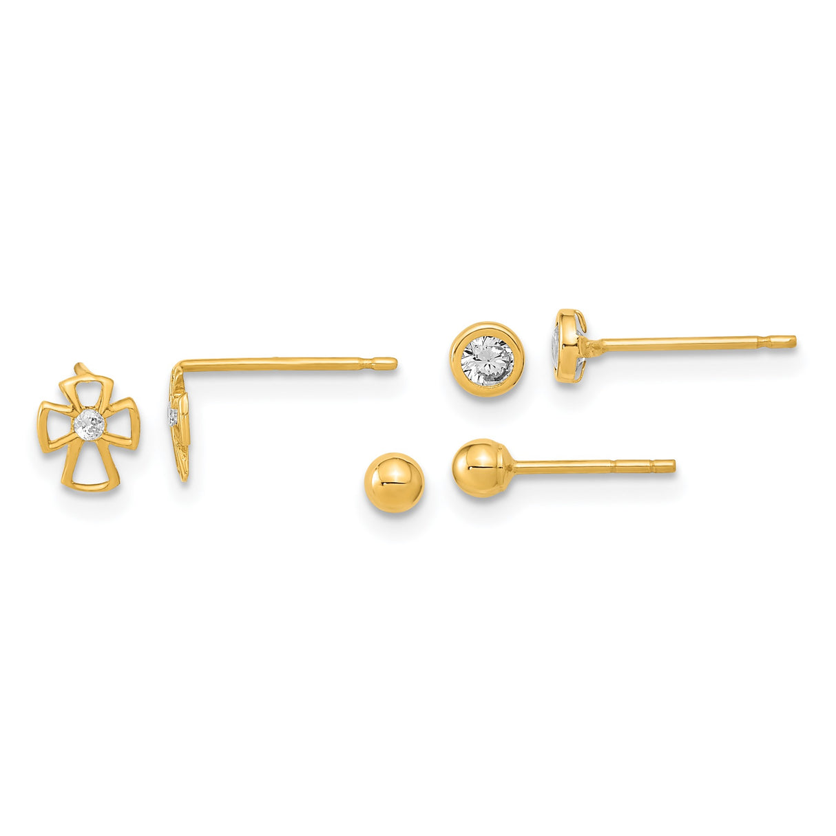 14k Yellow Gold Earrings Set, Cross with Cubic Zirconia, Bezel Studs, Polished Ball Studs
