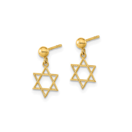 14K Yellow Gold Star Of David Dangle Earrings Open Hexagram