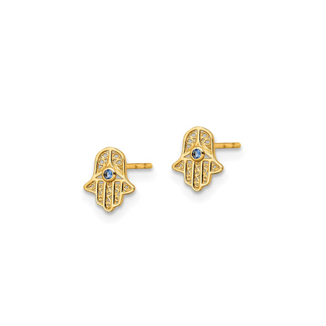 14K Yellow Gold Hamsa Hand Stud Earrings With Blue Gem