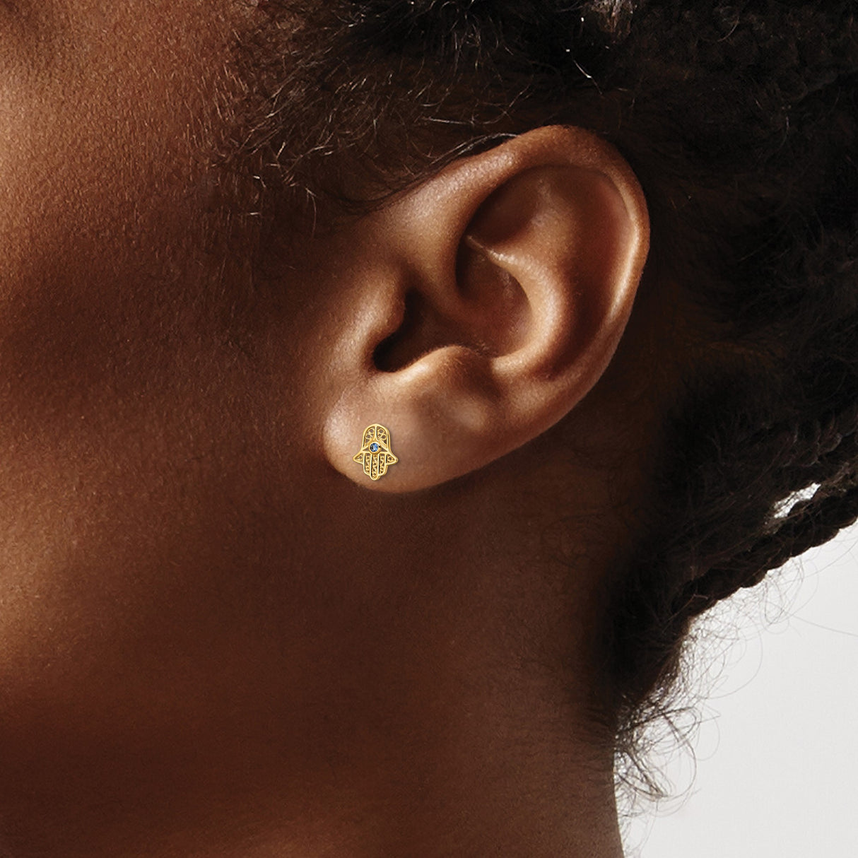 14K Yellow Gold Hamsa Hand Stud Earrings With Blue Gem