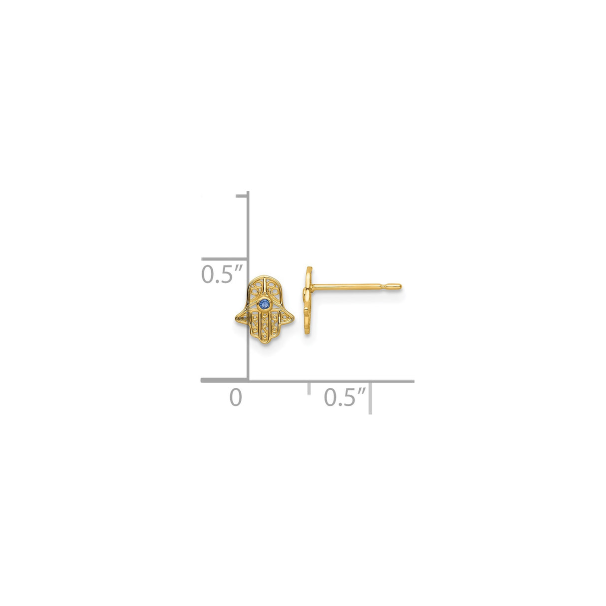 14K Yellow Gold Hamsa Hand Stud Earrings With Blue Gem