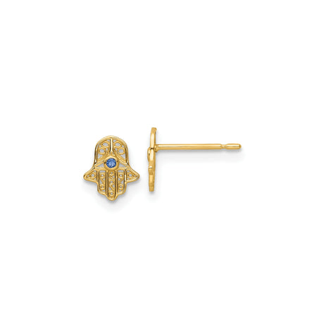 14k Yellow Gold Hamsa Hand Stud Earrings with Blue Gemstone Center, Symbolic Spiritual Jewelry with Gold Posts, Fashion Earrings for Women Featuring Protective Amulet and Sacred Symbol Design