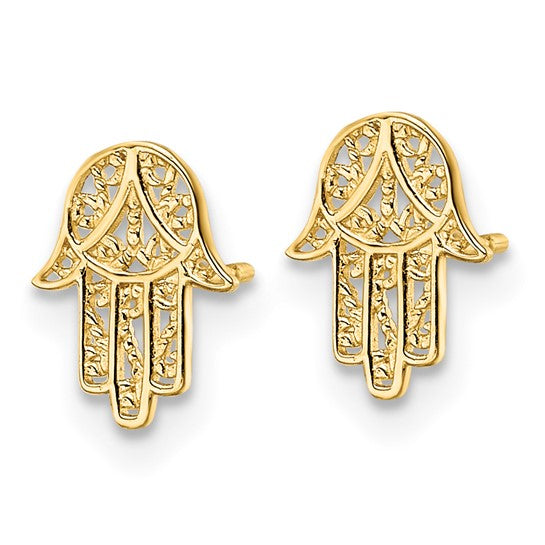 14k Yellow Gold Hamsa Stud Earrings, Openwork Hand Design, Spiritual Protection Theme for Women