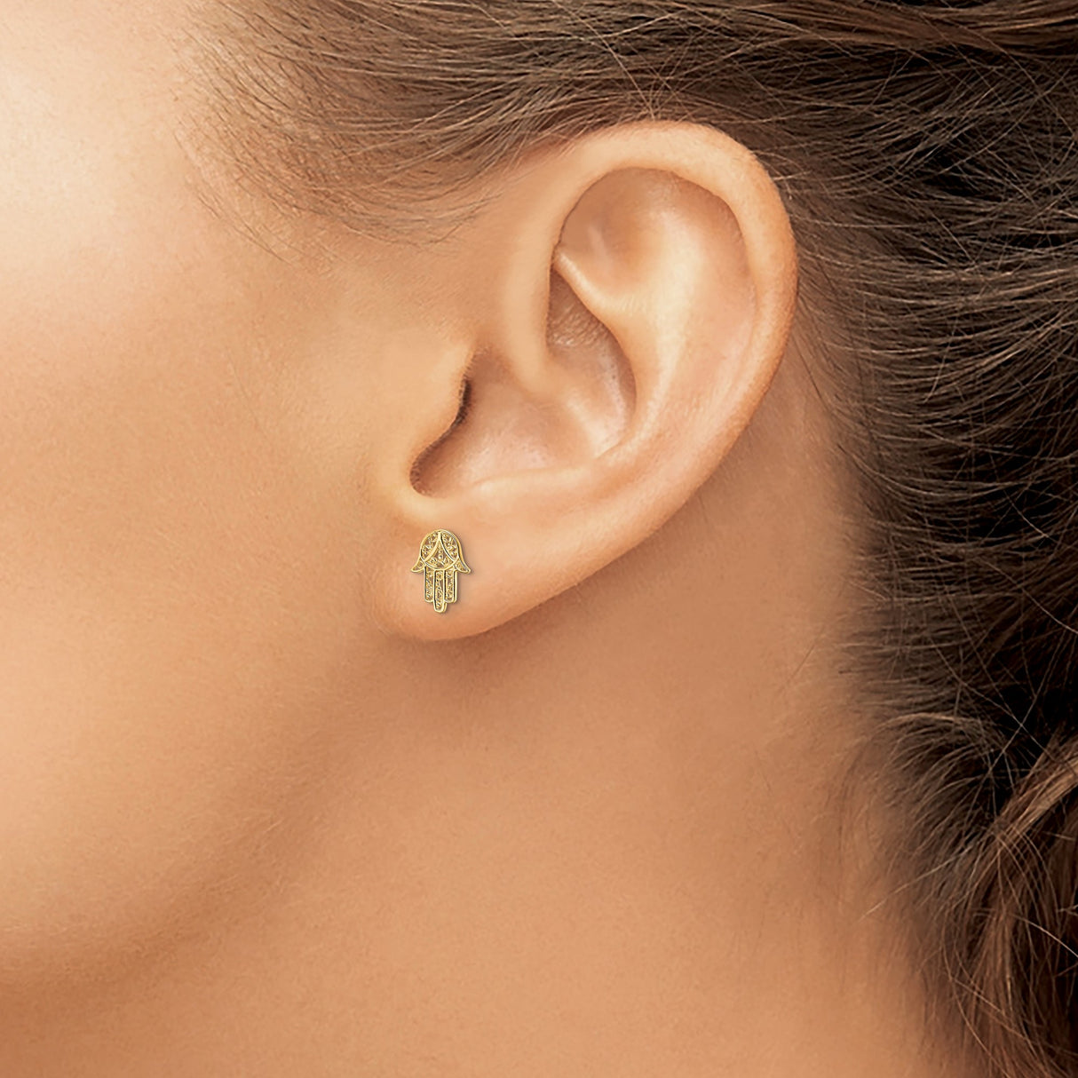 14K Yellow Gold Hamsa Stud Earrings Openwork Hand Design