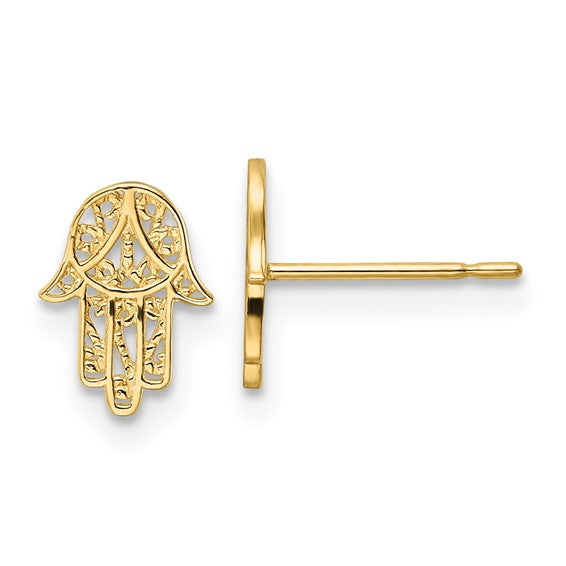 14k Yellow Gold Hamsa Stud Earrings, Openwork Hand Design, Spiritual Protection Theme for Women