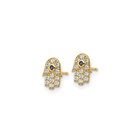 14K Yellow Gold Hamsa Stud Earrings Blue Stone CZ Evil Eye
