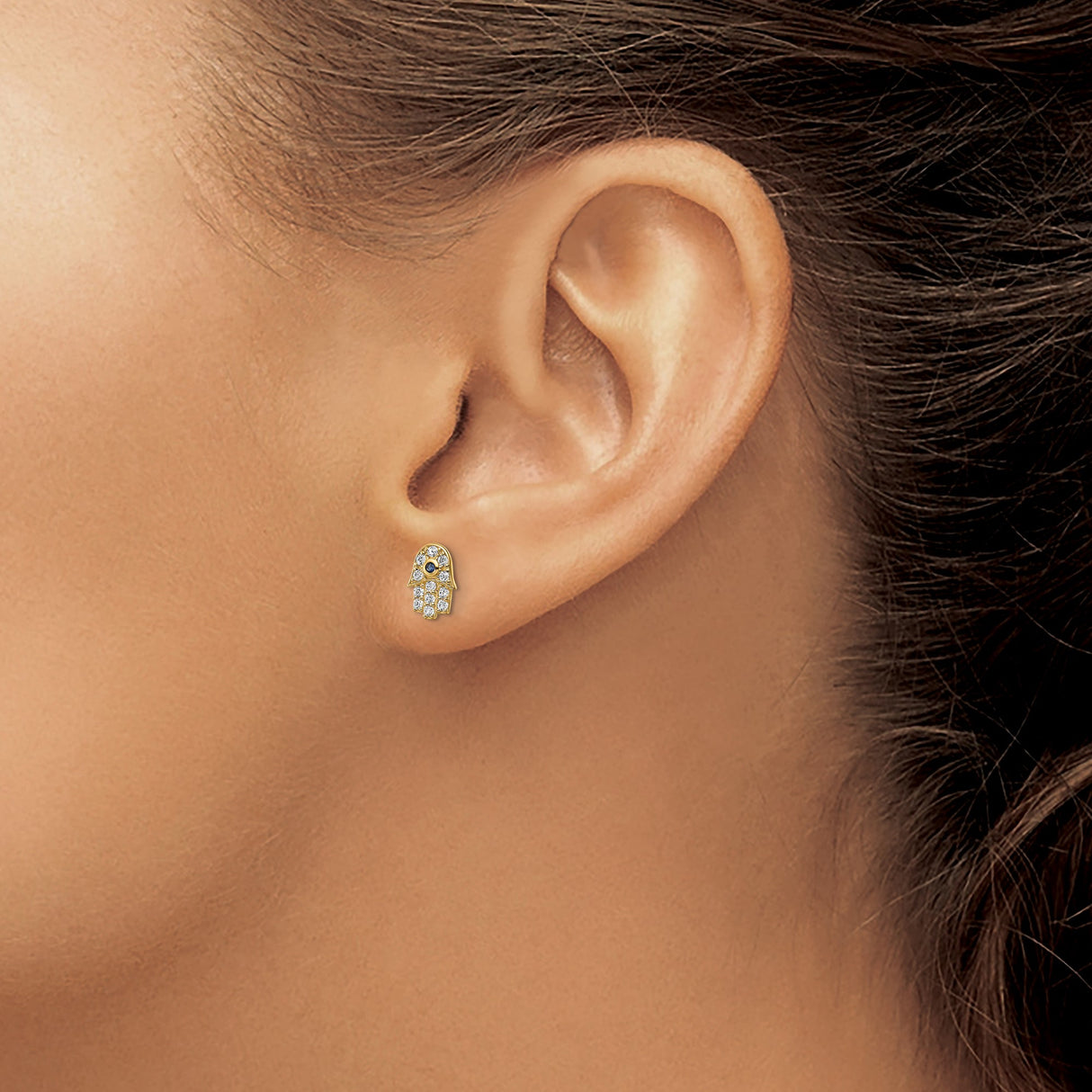 14K Yellow Gold Hamsa Stud Earrings Blue Stone CZ Evil Eye