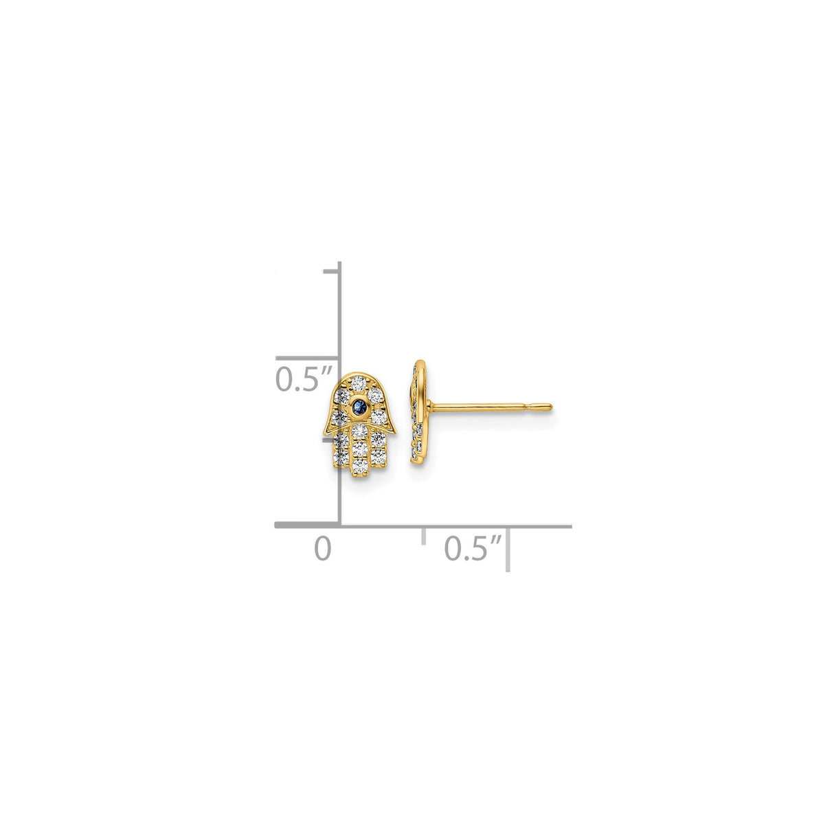 14K Yellow Gold Hamsa Stud Earrings Blue Stone CZ Evil Eye