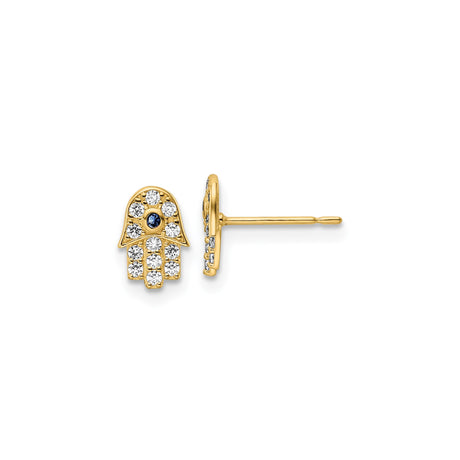 14k Yellow Gold Hamsa Hand Stud Earrings for Women with Blue Stone and Clear Cubic Zirconia, Evil Eye Inspired Spiritual Jewelry, Middle Eastern Symbol for Protection and Positive Energy