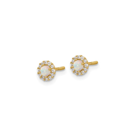 14k Yellow Gold Stud Earrings with Round Created Opal and Cubic Zirconia Halo