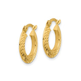 14k Yellow Gold Hoop Earrings, Diamond-Cut with Textured Leaf Pattern, Latch-Back Closure
