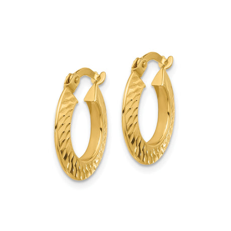 14k Yellow Gold Hoop Earrings, Diamond-Cut with Textured Leaf Pattern, Latch-Back Closure