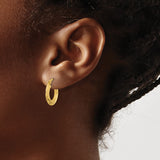 14k Yellow Gold Hoop Earrings, Diamond-Cut with Textured Leaf Pattern, Latch-Back Closure