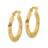 14k Yellow Gold Hoop Earrings, Diamond Cut Textured Round with Polished Finish