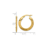 14k Yellow Gold Hoop Earrings, Diamond Cut Textured Round with Polished Finish