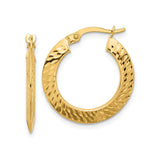 14k Yellow Gold Hoop Earrings, Diamond Cut Textured Round with Polished Finish