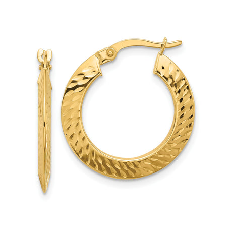 14k Yellow Gold Hoop Earrings, Diamond Cut Textured Round with Polished Finish