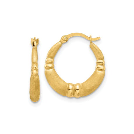 14k Yellow Gold Hoop Earrings with Textured Bamboo Design and Matte Finish