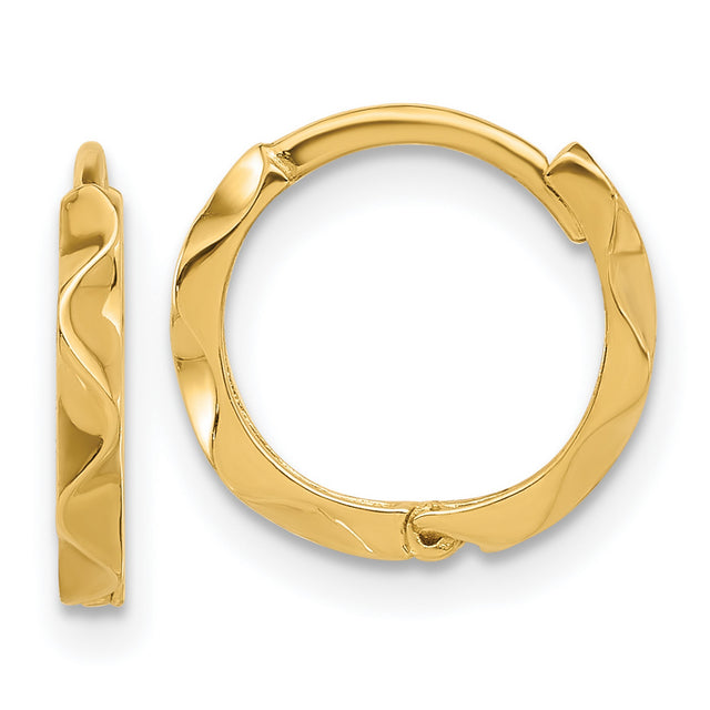 14k Yellow Gold Hoop Earrings with Wavy Texture, Modern Minimalist Design, Hinged Closure