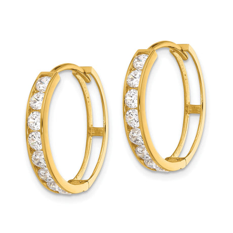 14k Yellow Gold Hoop Earrings with Cubic Zirconia, Channel Set Medium Huggie Style