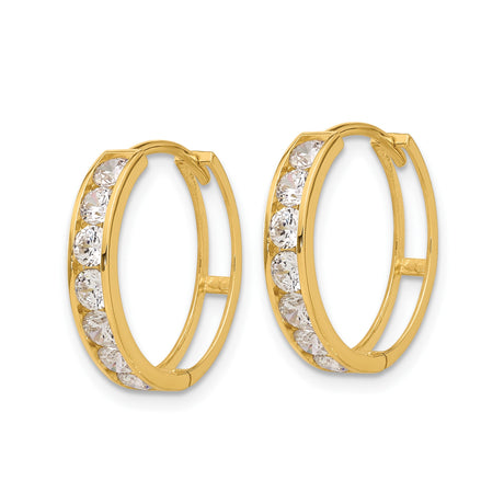 14k Yellow Gold Hoop Earrings with Cubic Zirconia, Classic Channel Set Huggie Style for Women