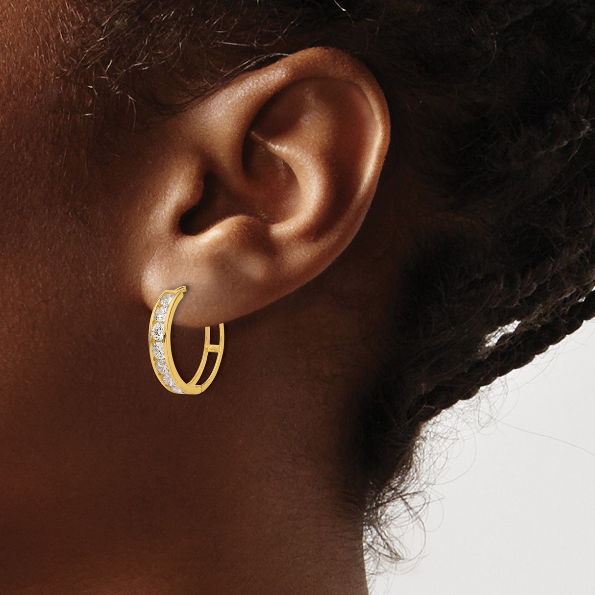 14k Yellow Gold Hoop Earrings with Cubic Zirconia, Classic Channel Set Huggie Style for Women
