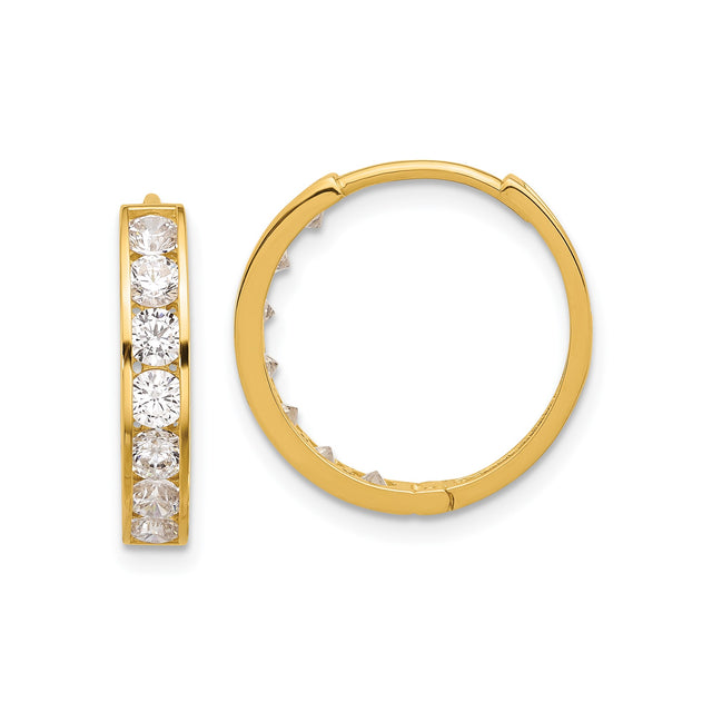 14k Yellow Gold Hoop Earrings with Cubic Zirconia, Classic Channel Set Huggie Style for Women