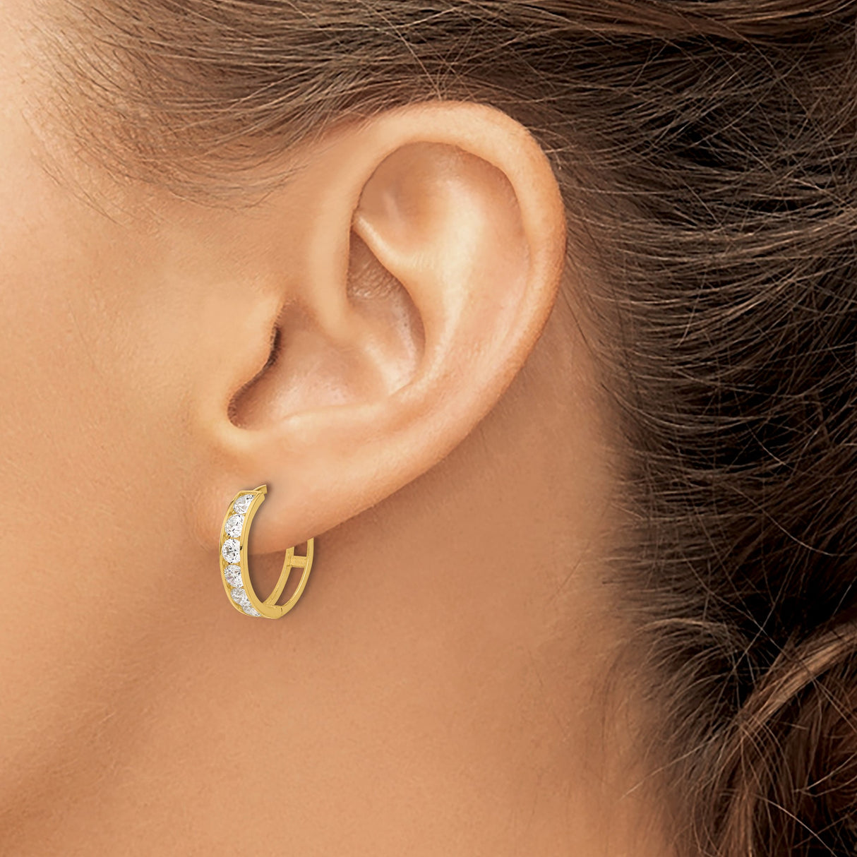 14k Yellow Gold Huggie Hoop Earrings with Channel Set Cubic Zirconia, Small Contemporary Style