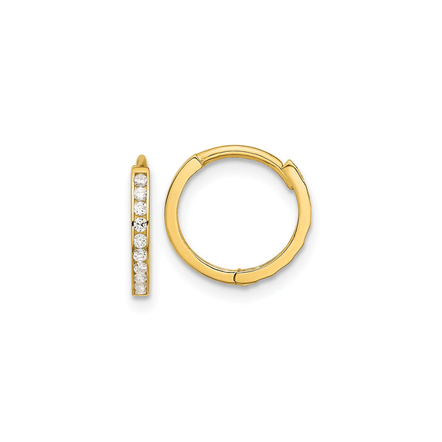 14k Yellow Gold Hoop Earrings with Cubic Zirconia in Channel Setting, Classic Huggie Style for Women