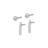 14k White Gold Stud Earrings with Polished Ball and Sleek Bar Design, Minimalist Geometric Style